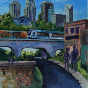 “Dear CLT” by Nesha Cornett of Love Neesh Art. A vibrant acrylic cityscape of Charlotte, North Carolina. The skyline features recognizable skyscrapers under a clear blue sky, while a light rail crosses a bridge in the midground. Below it, graffiti reading “RIP 4th Ward” is painted on a wall, referencing the gentrification of a historically Black neighborhood. In the foreground, a pair of Jordans rest on a brick ledge marked with a crown tag. Two dark silhouettes walk along a shaded path, surrounded by urban greenery and layered textures. The painting blends realism with symbolism, honoring community, memory, and change.