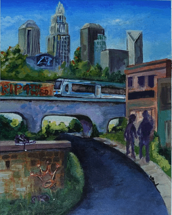 “Dear CLT” by Nesha Cornett of Love Neesh Art. A vibrant acrylic cityscape of Charlotte, North Carolina. The skyline features recognizable skyscrapers under a clear blue sky, while a light rail crosses a bridge in the midground. Below it, graffiti reading “RIP 4th Ward” is painted on a wall, referencing the gentrification of a historically Black neighborhood. In the foreground, a pair of Jordans rest on a brick ledge marked with a crown tag. Two dark silhouettes walk along a shaded path, surrounded by urban greenery and layered textures. The painting blends realism with symbolism, honoring community, memory, and change.